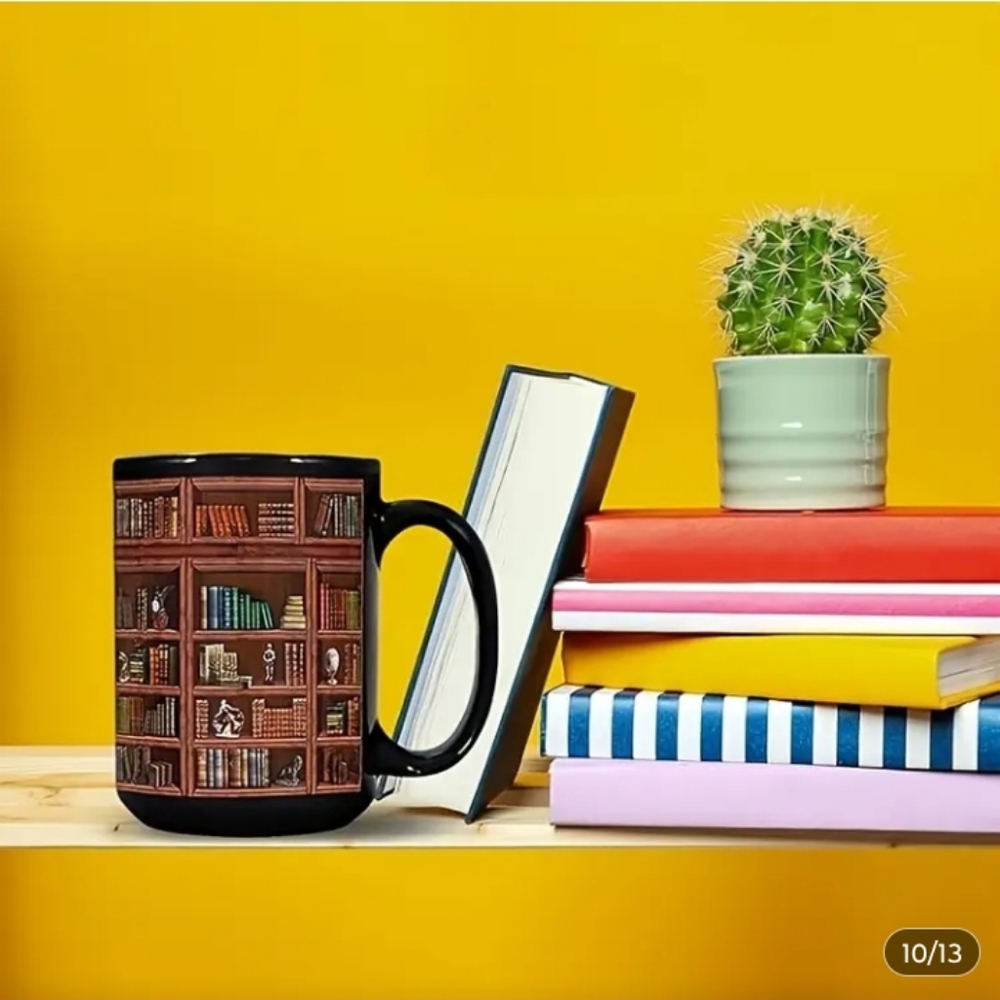 Library Books Ceramic Coffee Mug with Bookcase Print - Picture 6 of 6